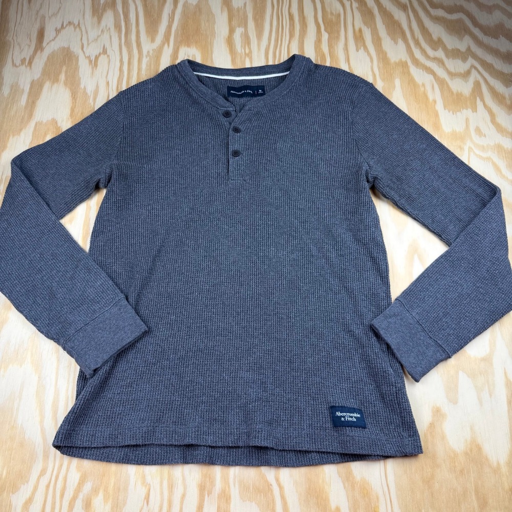 Abercrombie & Fitch Mens Medium Gray Waffle Knit Long Sleeve Henley Shirt